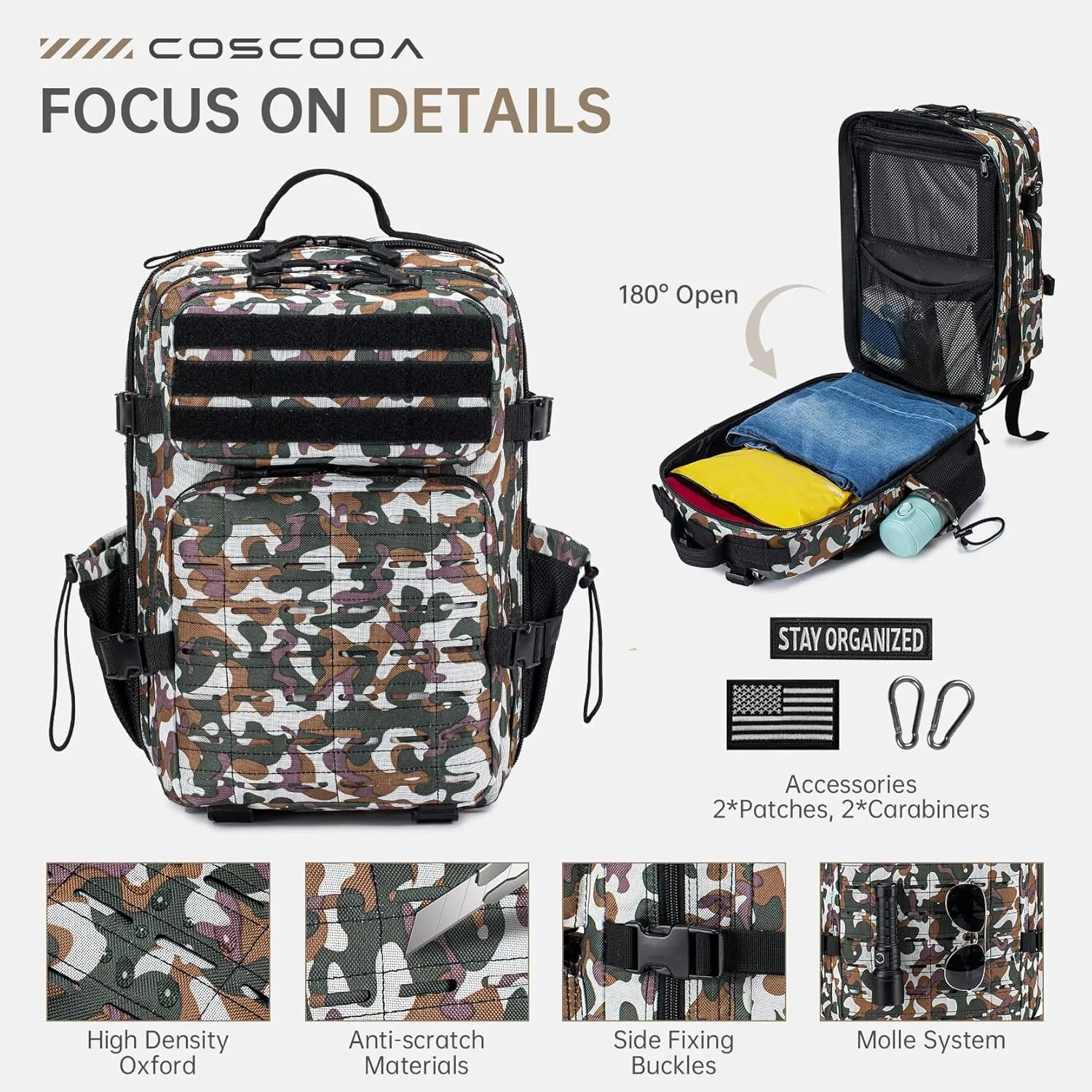 Tactical Military Backpack for Man, 25L Waterproof Army Assault Pack Rucksack Hiking Laptop Backpack 3 Day Bug Out Bag, Includes Two Flags and Two Carabiner