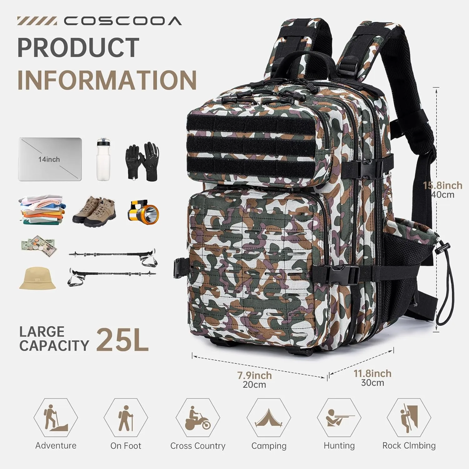 Tactical Military Backpack for Man, 25L Waterproof Army Assault Pack Rucksack Hiking Laptop Backpack 3 Day Bug Out Bag, Includes Two Flags and Two Carabiner