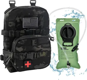 Tactical Mini Molle Hydration Pack,Molle Hydration Carrier with IFAK Pouch&US Flag&Med Patch,Hydropack for 2L Water Bladder