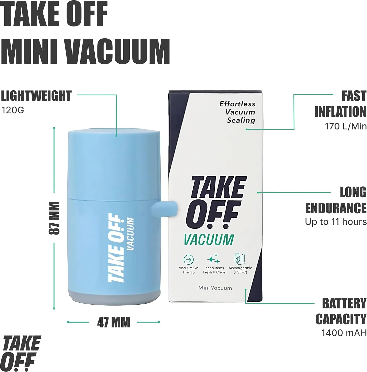 TAKE OFF Mini Vacuum Rechargeable Pump, Reduce Original Volume, Vacuum Seal Air Compression, Lightweight and Portable Travel Vacuum Pump, For Travel Space Saving and for Vacuum Seal Bags, Blue