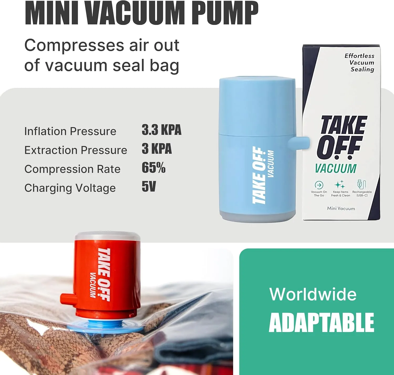 TAKE OFF Mini Vacuum Rechargeable Pump, Reduce Original Volume, Vacuum Seal Air Compression, Lightweight and Portable Travel Vacuum Pump, For Travel Space Saving and for Vacuum Seal Bags, Blue