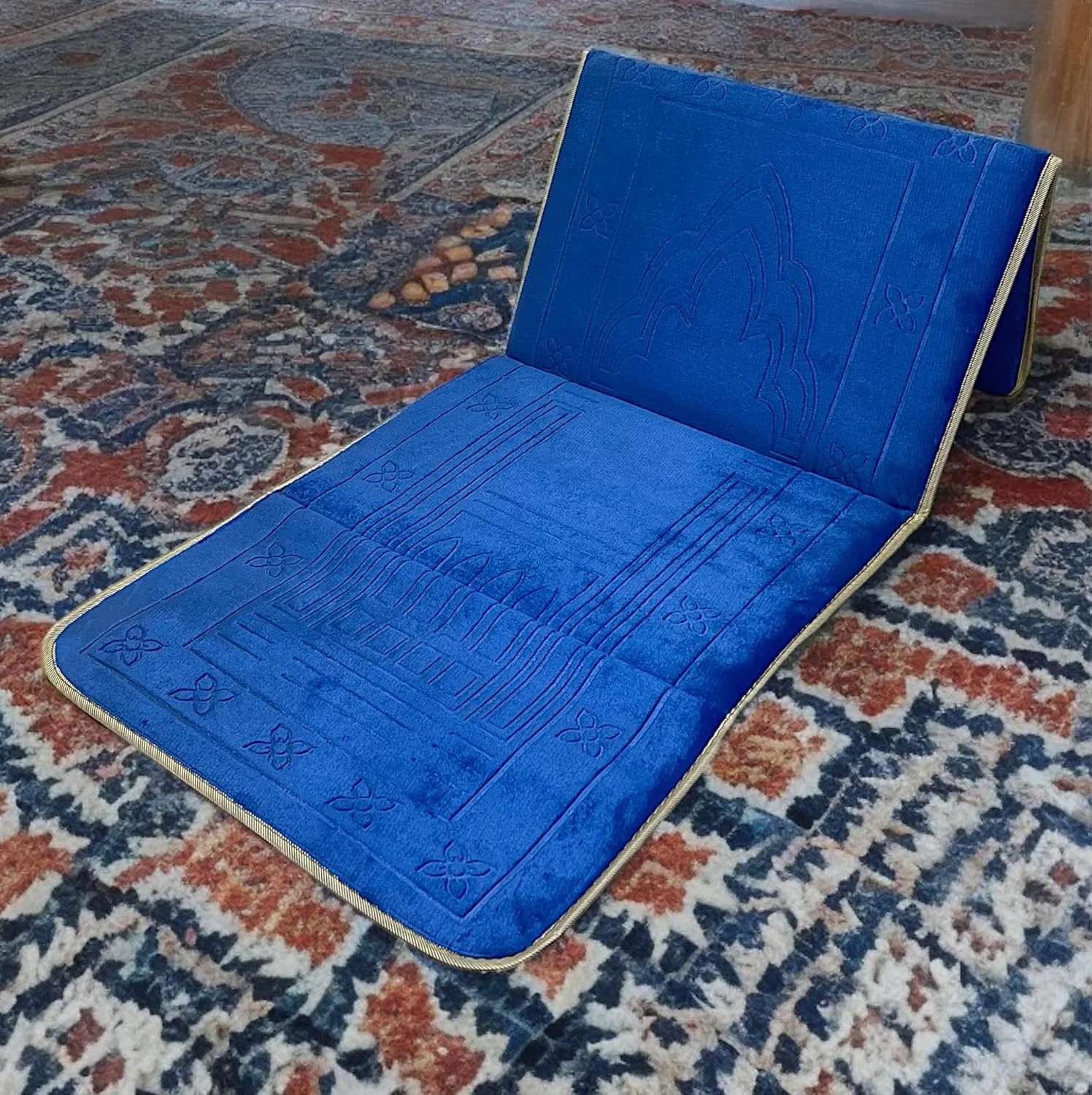 Tawakul Foldable Prayer Mat with Backrest - Thick & Padded Extra Comfort & Tote Bag for Easy Travel - Perfect for Jumah, Ramadan, Hajj, Umrah Gift for Family & Friends (Cerulean)