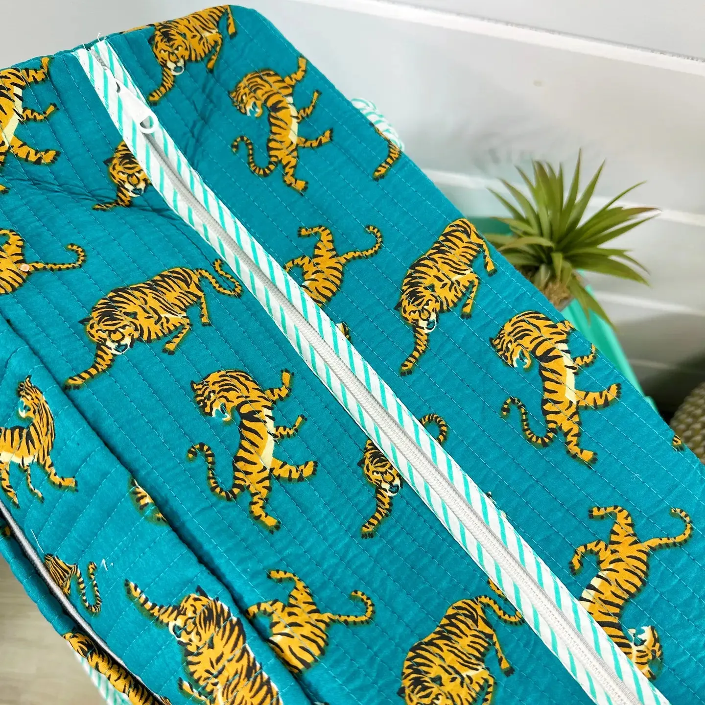 Teal Tiger Print Quilted Duffle Weekender Overnight Travel Bag