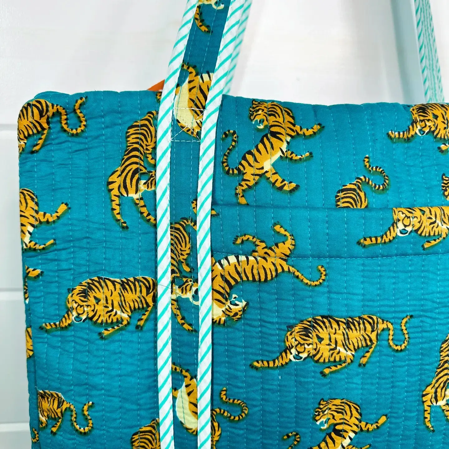 Teal Tiger Print Quilted Duffle Weekender Overnight Travel Bag