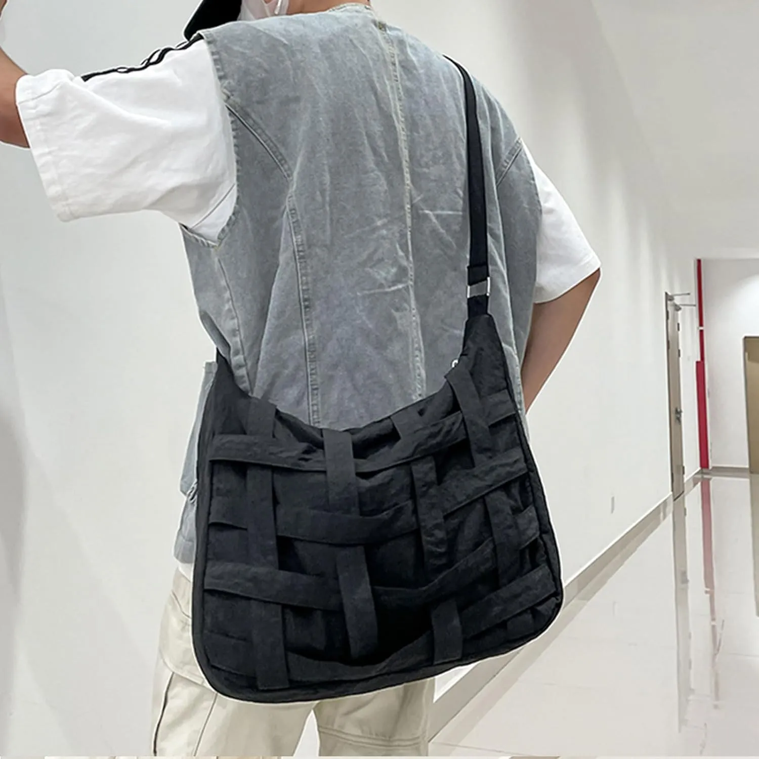 Teclado Casual Messenger Bag Interleaved Grid Nylon Crossbody Bag Chic Shoulder Bag Large Laptop Bag Travel Daypacks