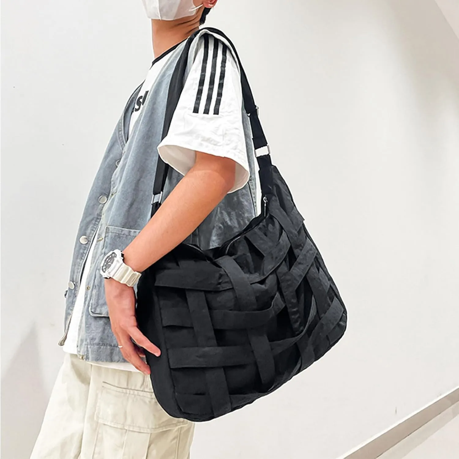 Teclado Casual Messenger Bag Interleaved Grid Nylon Crossbody Bag Chic Shoulder Bag Large Laptop Bag Travel Daypacks
