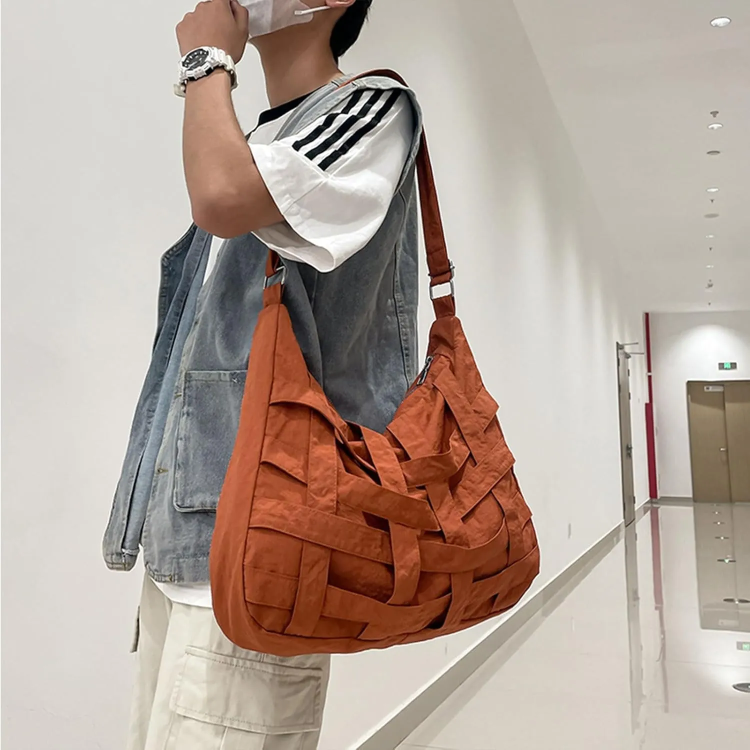 Teclado Casual Messenger Bag Interleaved Grid Nylon Crossbody Bag Chic Shoulder Bag Large Laptop Bag Travel Daypacks