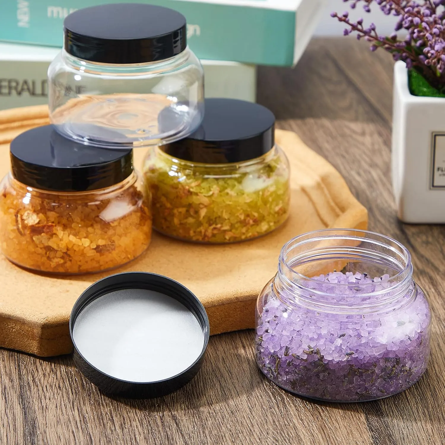 Tessco 24 Pack Plastic Jars with Lids Labels Empty Clear Plastic Jars Round Refillable Cosmetic Containers Body Butter Containers Bulk Sugar Scrub Bottle for Make Up (8 oz,Clear, Black)