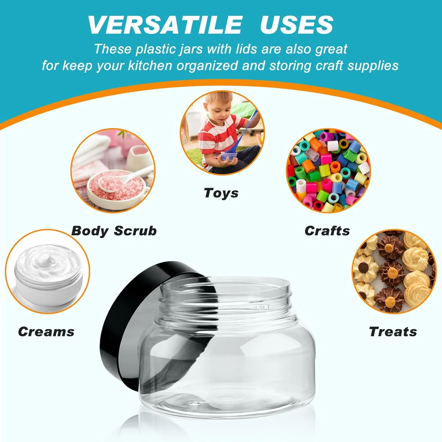Tessco 24 Pack Plastic Jars with Lids Labels Empty Clear Plastic Jars Round Refillable Cosmetic Containers Body Butter Containers Bulk Sugar Scrub Bottle for Make Up (8 oz,Clear, Black)