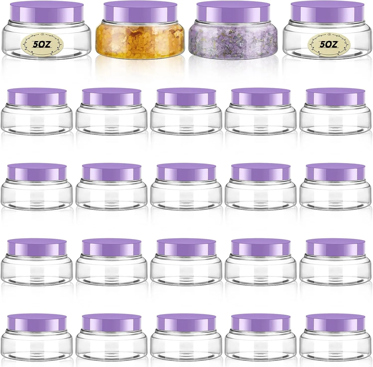 Tessco 24 Pack Plastic Jars with Lids Labels Empty Clear Plastic Jars Round Refillable Cosmetic Containers Body Butter Containers Bulk Sugar Scrub Bottle for Make Up(5 oz,Clear, Purple)