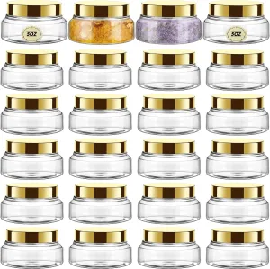Tessco 24 Pack Plastic Jars with Lids Labels Empty Clear Plastic Jars Round Refillable Cosmetic Containers Body Butter Containers Bulk Sugar Scrub Bottle for Make Up(5 oz,Gold)