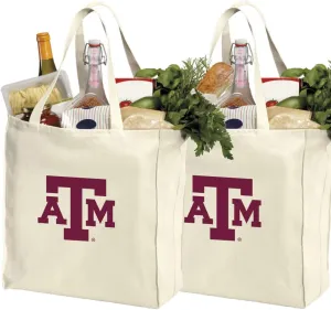 Texas A&M Shopping Bags or Texas A&M Aggies Grocery Bag 2Pc SET NATURAL COTTON