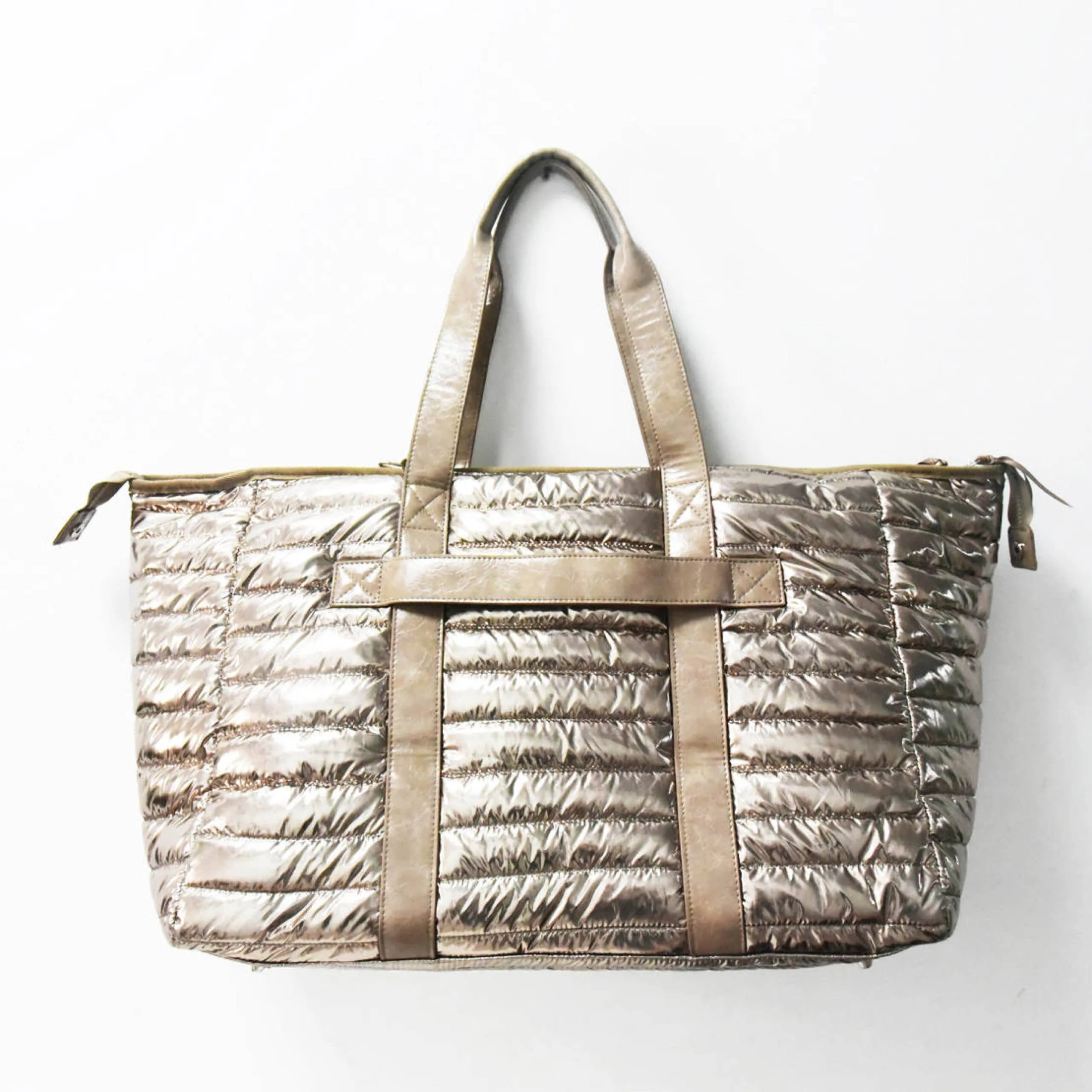 The Cassie Weekender Puffer Gold Metallic in stock 3/1