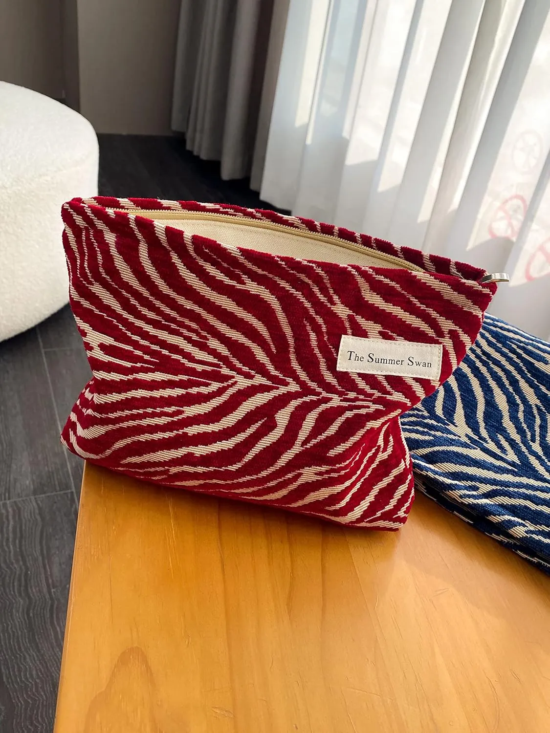 The Summer Swan | Large Aesthetic Floral Mid-day Clutch Period Kit Hygiene Skincare Cute Makeup Bag (Velvet Zebra Print Red)