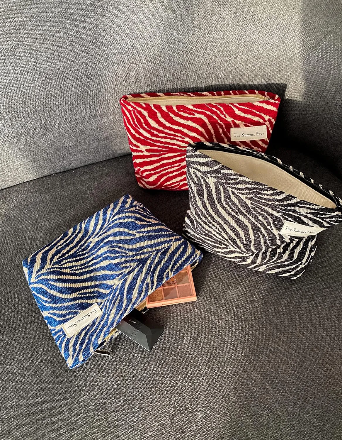 The Summer Swan | Large Aesthetic Floral Mid-day Clutch Period Kit Hygiene Skincare Cute Makeup Bag (Velvet Zebra Print Red)