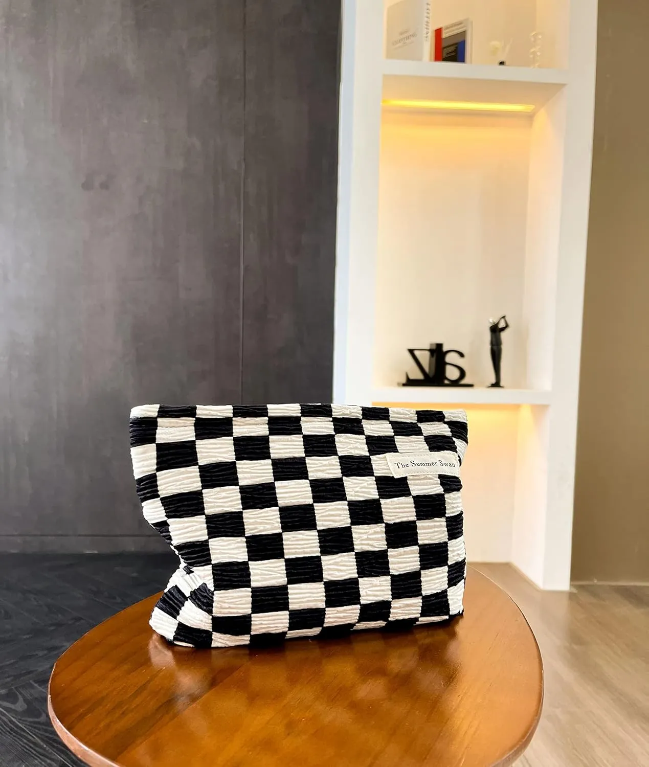 The Summer Swan Large Floral Mid-day Clutch Period Kit Hygiene Skincare Cute Makeup Bag (Checkered Dark Navy & White)
