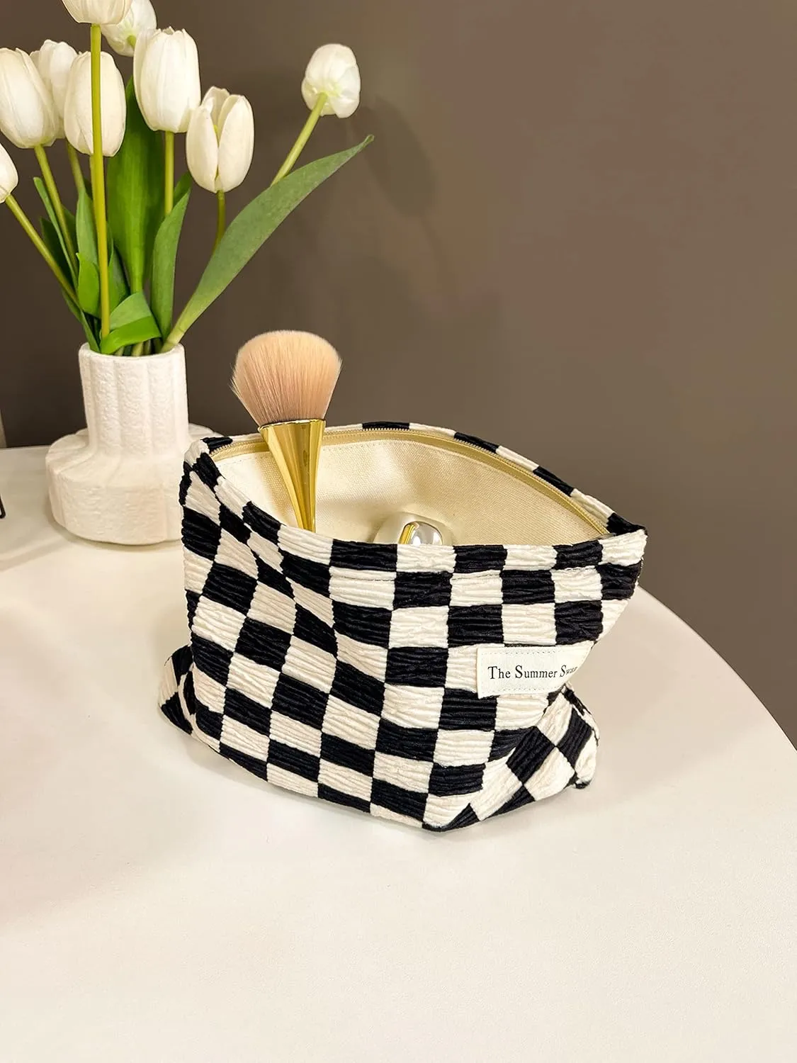 The Summer Swan Large Floral Mid-day Clutch Period Kit Hygiene Skincare Cute Makeup Bag (Checkered Dark Navy & White)