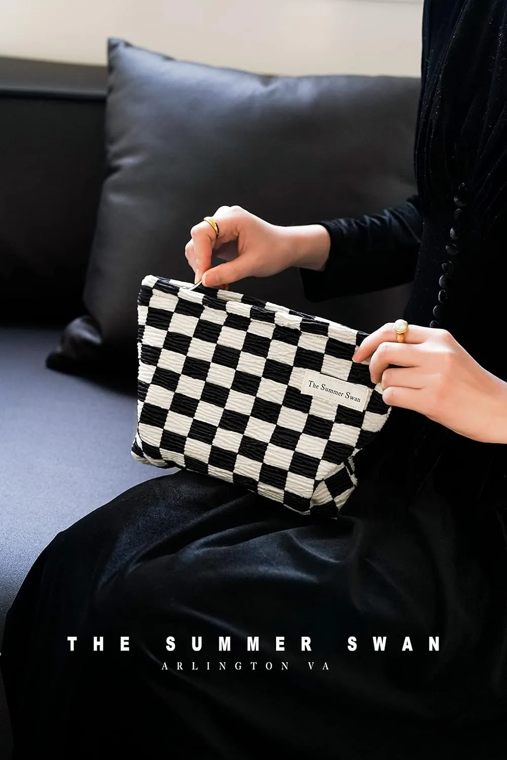 The Summer Swan Large Floral Mid-day Clutch Period Kit Hygiene Skincare Cute Makeup Bag (Checkered Dark Navy & White)