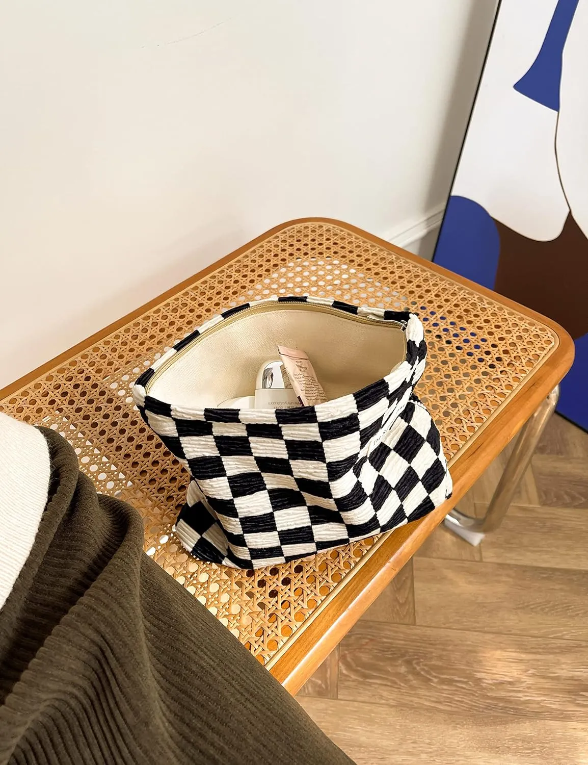 The Summer Swan Large Floral Mid-day Clutch Period Kit Hygiene Skincare Cute Makeup Bag (Checkered Dark Navy & White)