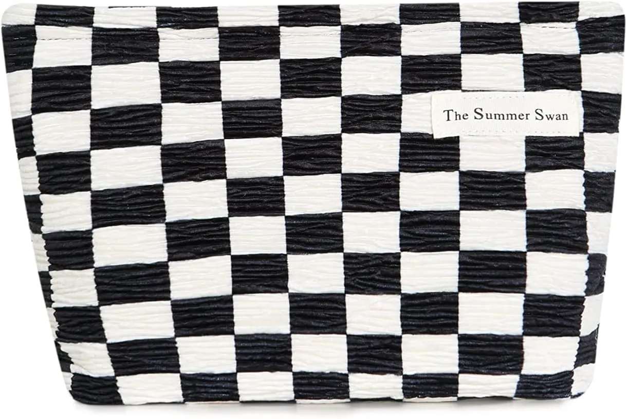 The Summer Swan Large Floral Mid-day Clutch Period Kit Hygiene Skincare Cute Makeup Bag (Checkered Dark Navy & White)