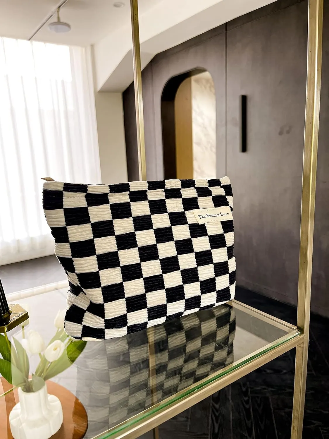 The Summer Swan Large Floral Mid-day Clutch Period Kit Hygiene Skincare Cute Makeup Bag (Checkered Dark Navy & White)
