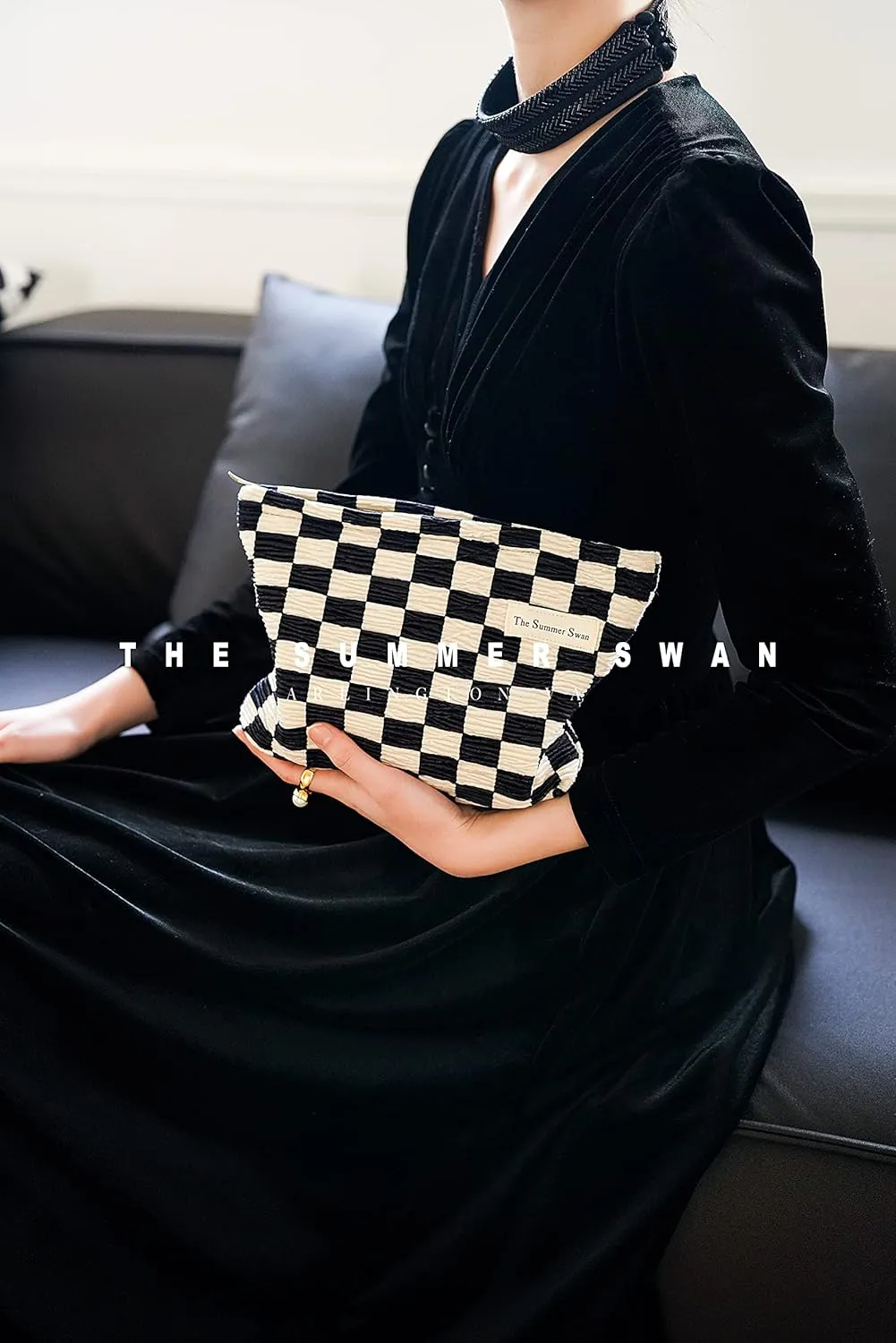 The Summer Swan Large Floral Mid-day Clutch Period Kit Hygiene Skincare Cute Makeup Bag (Checkered Dark Navy & White)