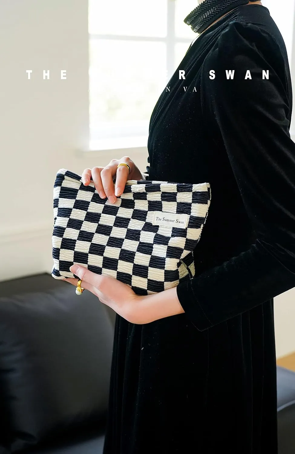 The Summer Swan Large Floral Mid-day Clutch Period Kit Hygiene Skincare Cute Makeup Bag (Checkered Dark Navy & White)