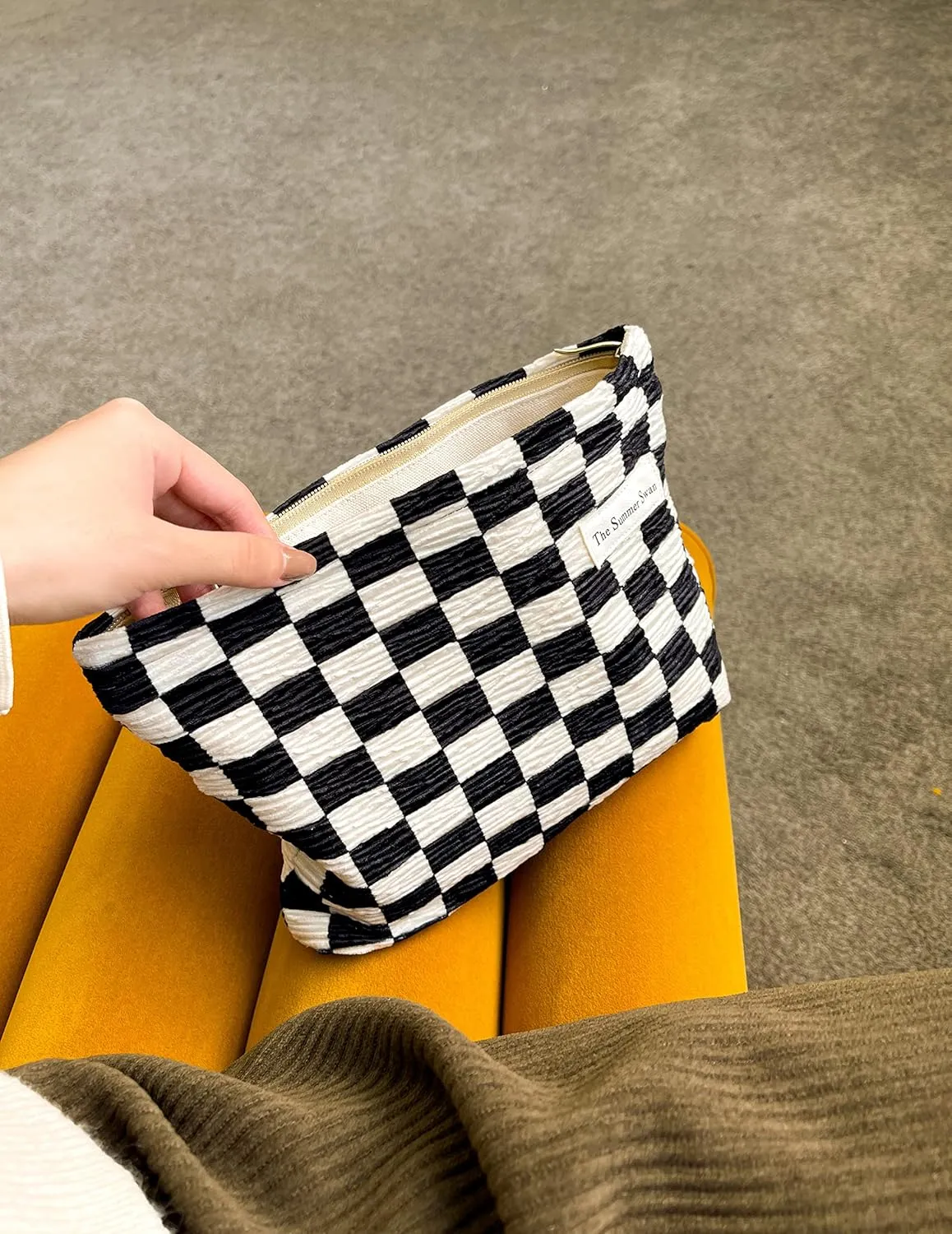 The Summer Swan Large Floral Mid-day Clutch Period Kit Hygiene Skincare Cute Makeup Bag (Checkered Dark Navy & White)