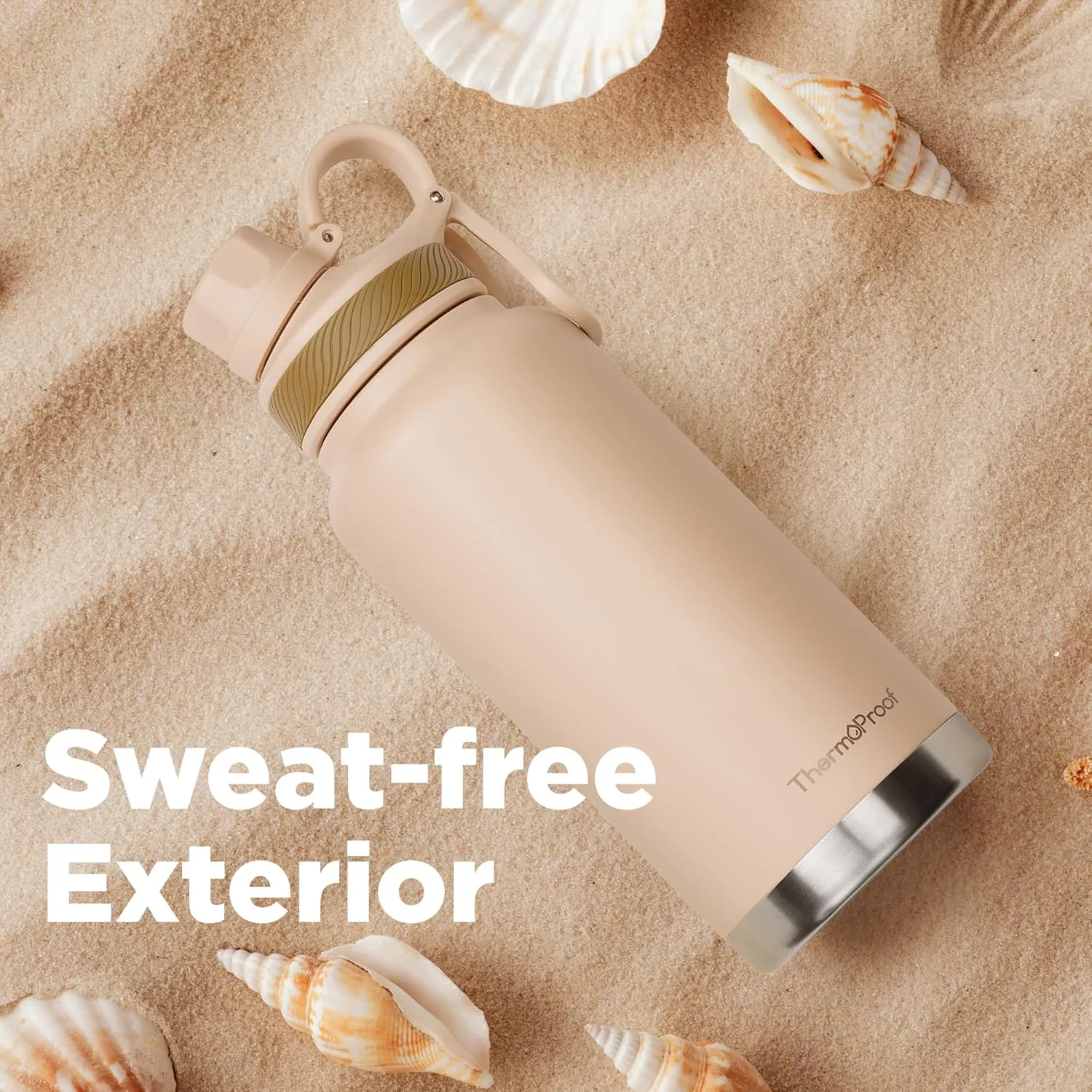 ThermoProof Double-Walled Vacuum Insulated Stainless Steel Water Bottle - Wide Mouth Canteen, Spout & Straw Lids, Dishwasher Safe, Reusable, Leakproof, Hot & Cold for Men, Women & Kids - 32oz, Taupe