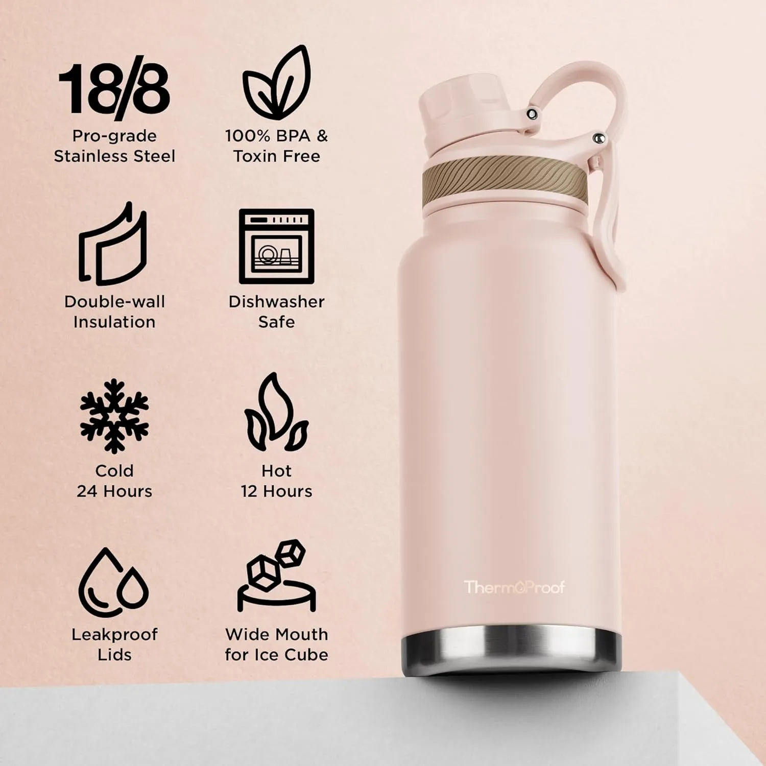 ThermoProof Double-Walled Vacuum Insulated Stainless Steel Water Bottle - Wide Mouth Canteen, Spout & Straw Lids, Dishwasher Safe, Reusable, Leakproof, Hot & Cold for Men, Women & Kids - 32oz, Taupe