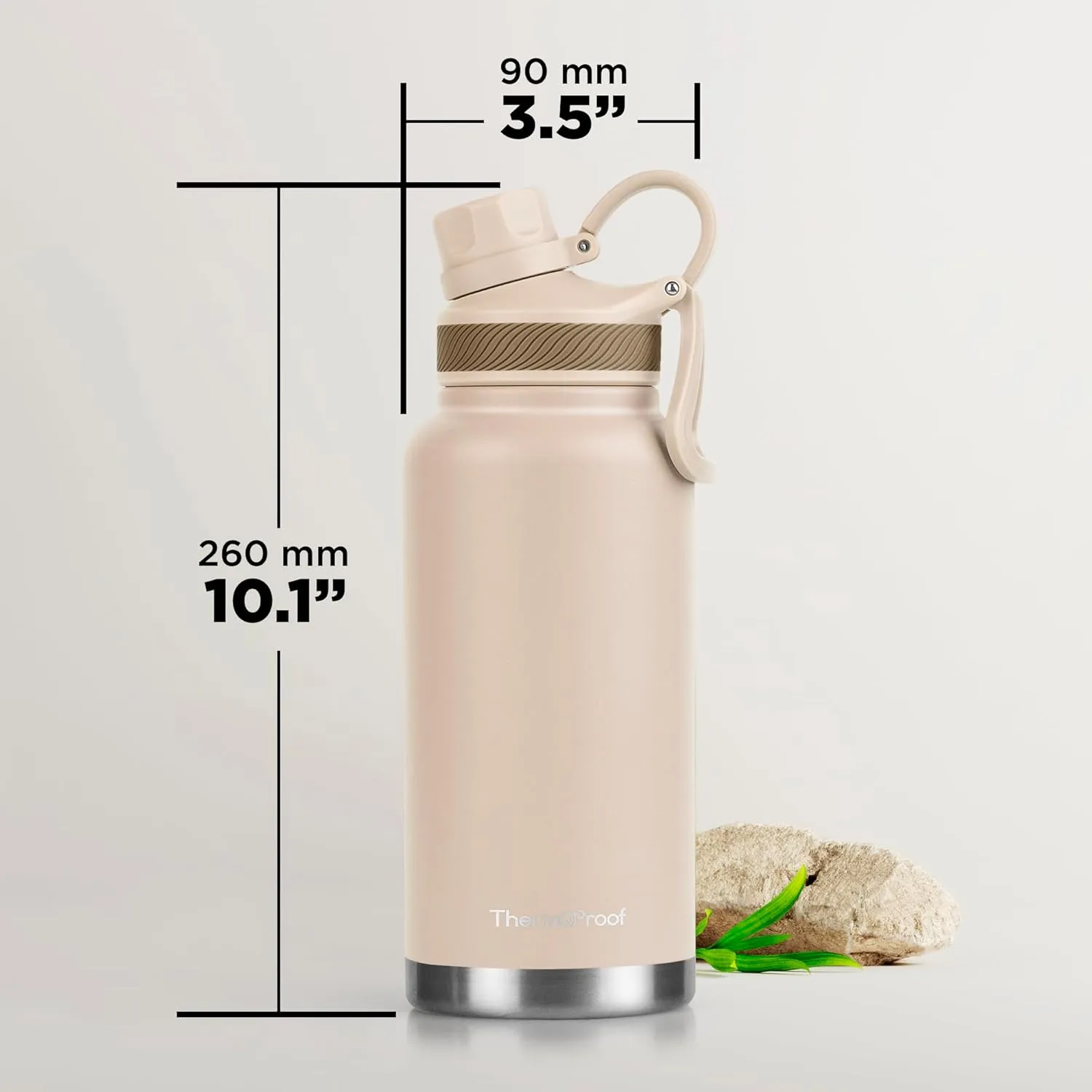 ThermoProof Double-Walled Vacuum Insulated Stainless Steel Water Bottle - Wide Mouth Canteen, Spout & Straw Lids, Dishwasher Safe, Reusable, Leakproof, Hot & Cold for Men, Women & Kids - 32oz, Taupe