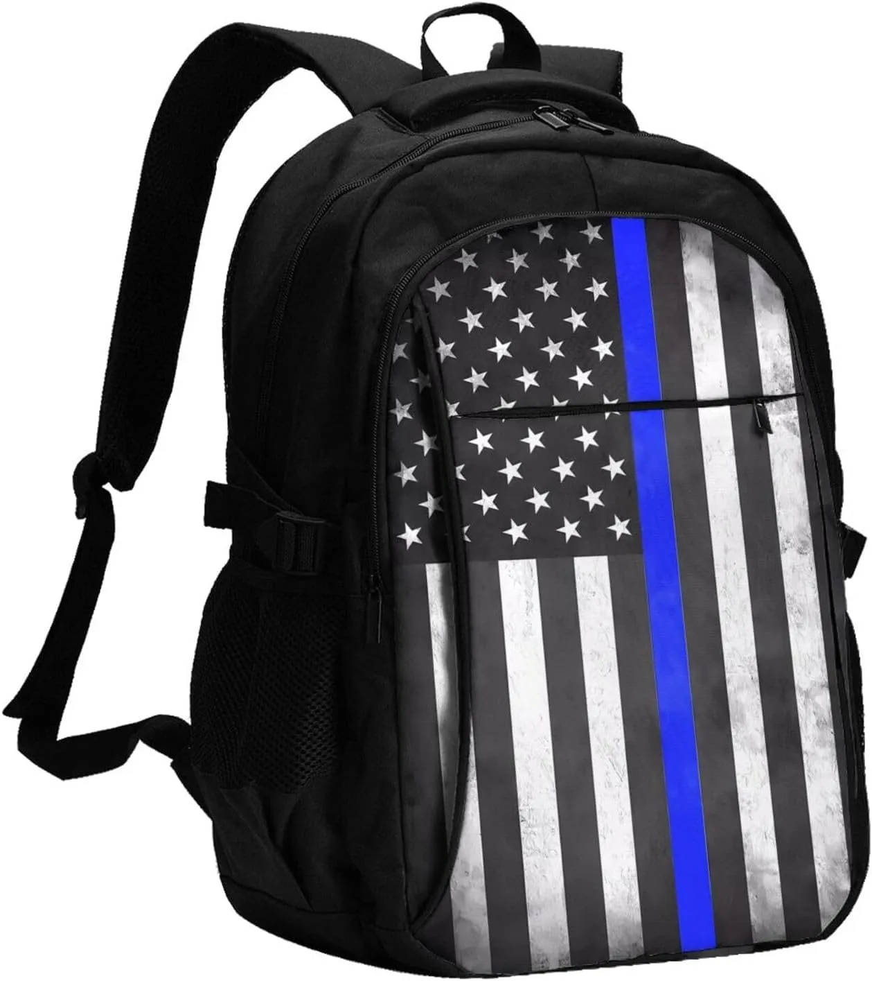 Thin Blue Line American Flags Travel Backpack Laptop Backpacks Business Rucksack Outdoor Daypack Large Sport Bag with Luggage Strap USB Charging Port for Hiking Working