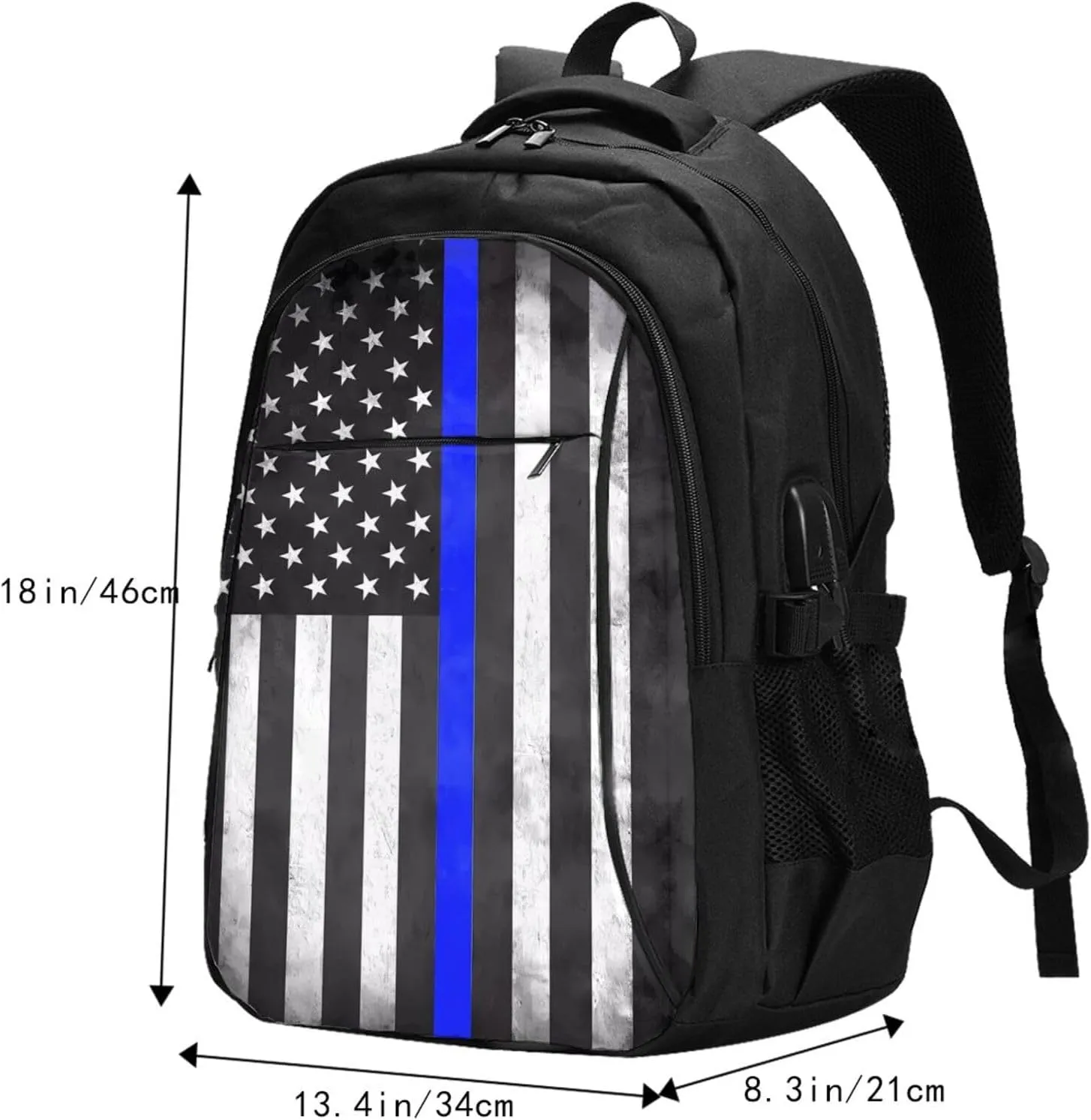 Thin Blue Line American Flags Travel Backpack Laptop Backpacks Business Rucksack Outdoor Daypack Large Sport Bag with Luggage Strap USB Charging Port for Hiking Working