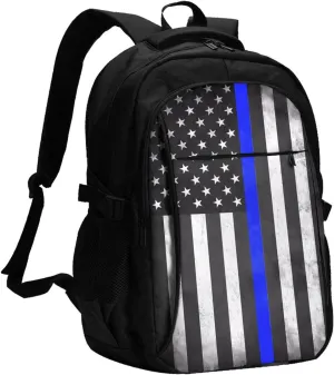 Thin Blue Line American Flags Travel Backpack Laptop Backpacks Business Rucksack Outdoor Daypack Large Sport Bag with Luggage Strap USB Charging Port for Hiking Working