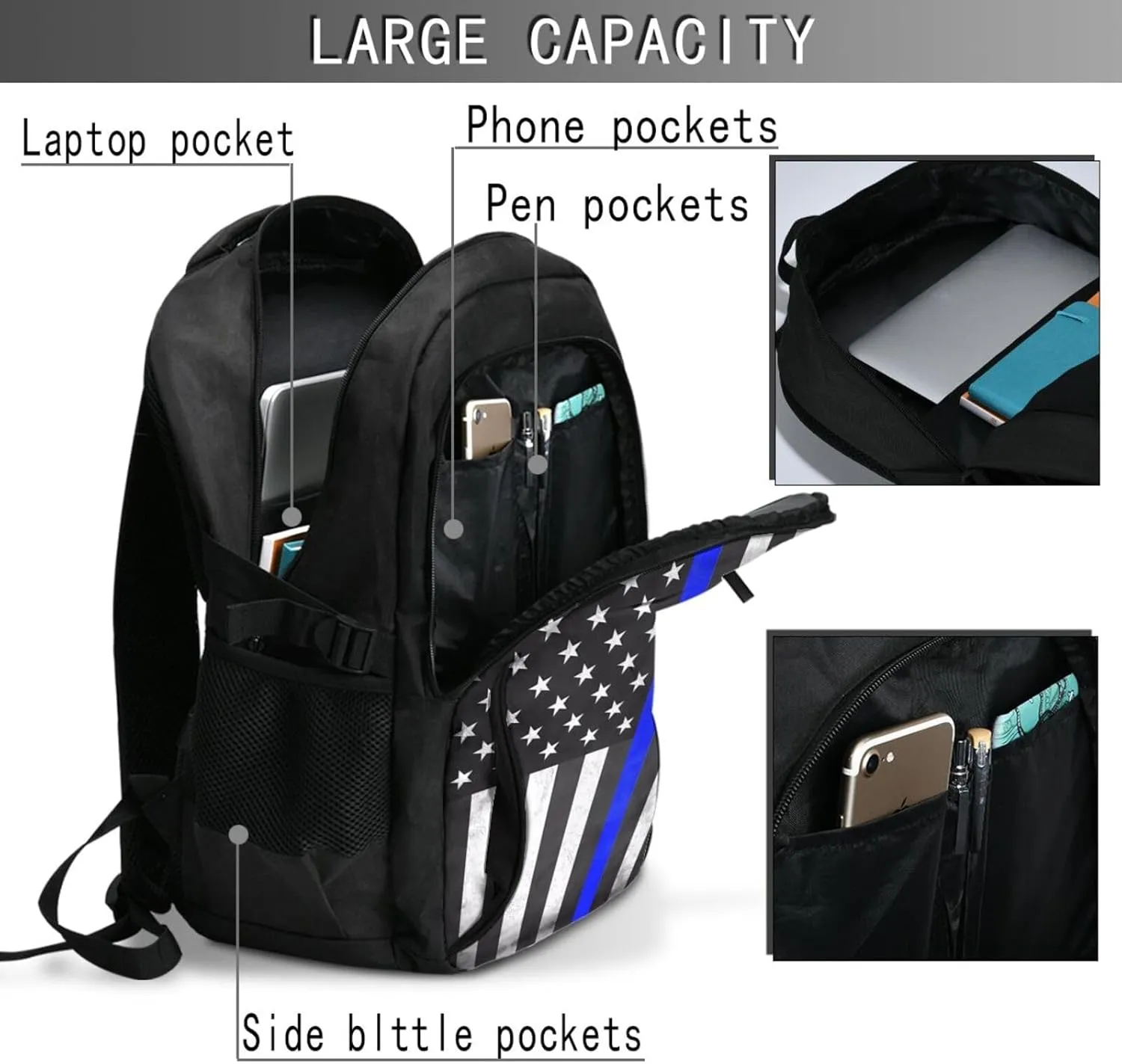 Thin Blue Line American Flags Travel Backpack Laptop Backpacks Business Rucksack Outdoor Daypack Large Sport Bag with Luggage Strap USB Charging Port for Hiking Working
