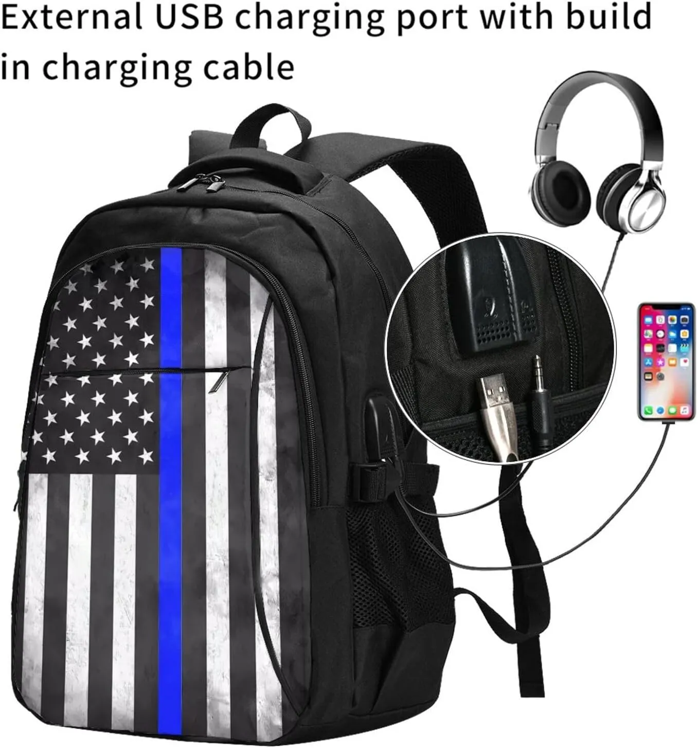 Thin Blue Line American Flags Travel Backpack Laptop Backpacks Business Rucksack Outdoor Daypack Large Sport Bag with Luggage Strap USB Charging Port for Hiking Working