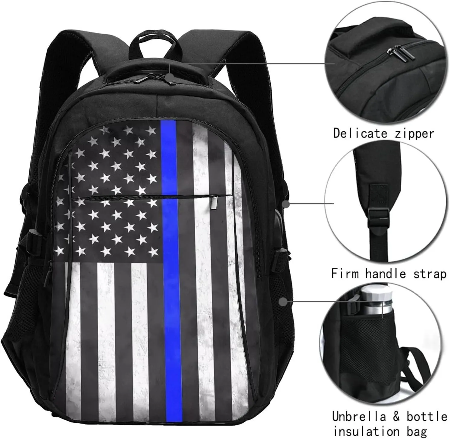 Thin Blue Line American Flags Travel Backpack Laptop Backpacks Business Rucksack Outdoor Daypack Large Sport Bag with Luggage Strap USB Charging Port for Hiking Working