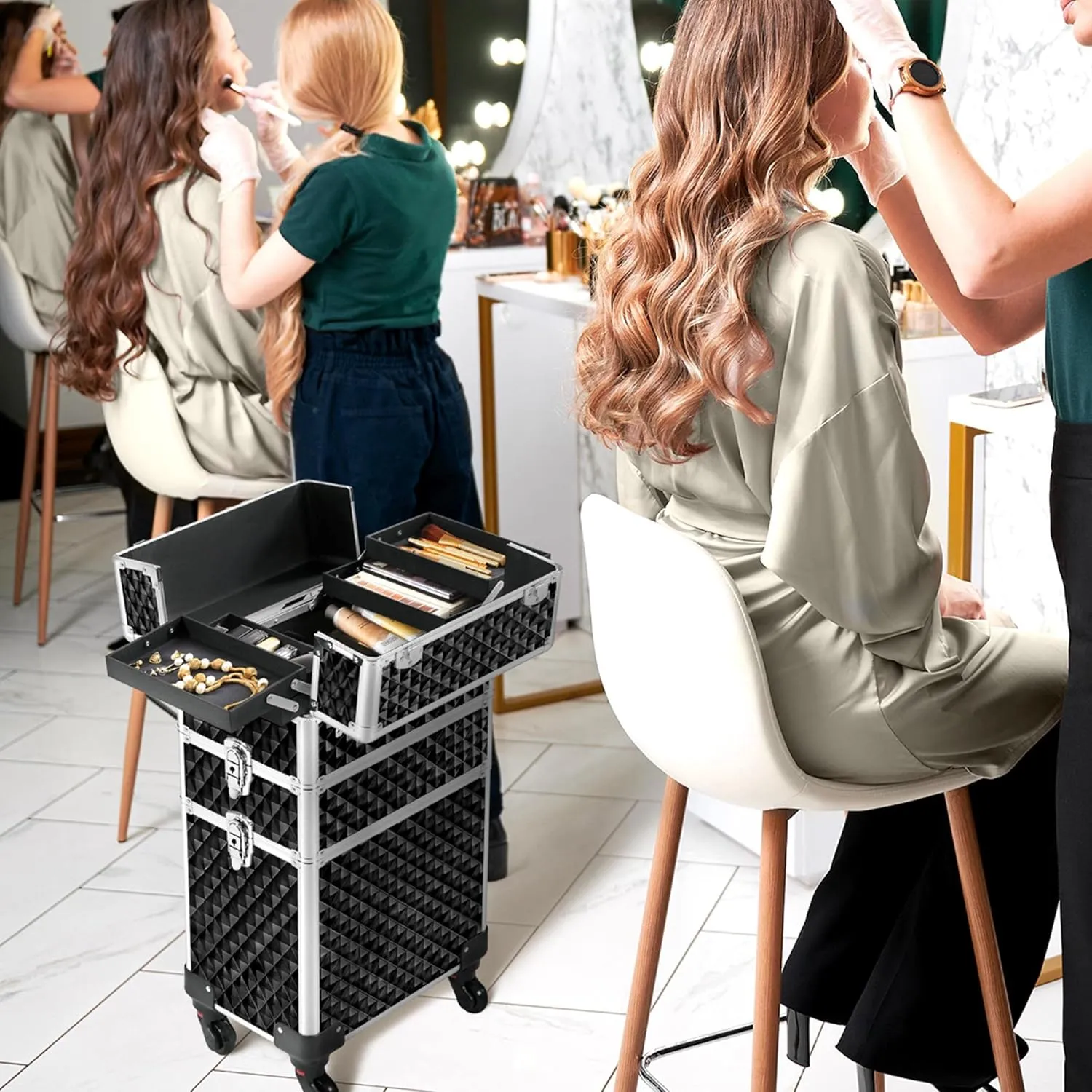 Topeakmart 3 in 1 Rolling Makeup Case Professional Cosmetic Train Case Beauty Storage Trolley for Make Up Hairstylists Nail Tech Bloggers, Black