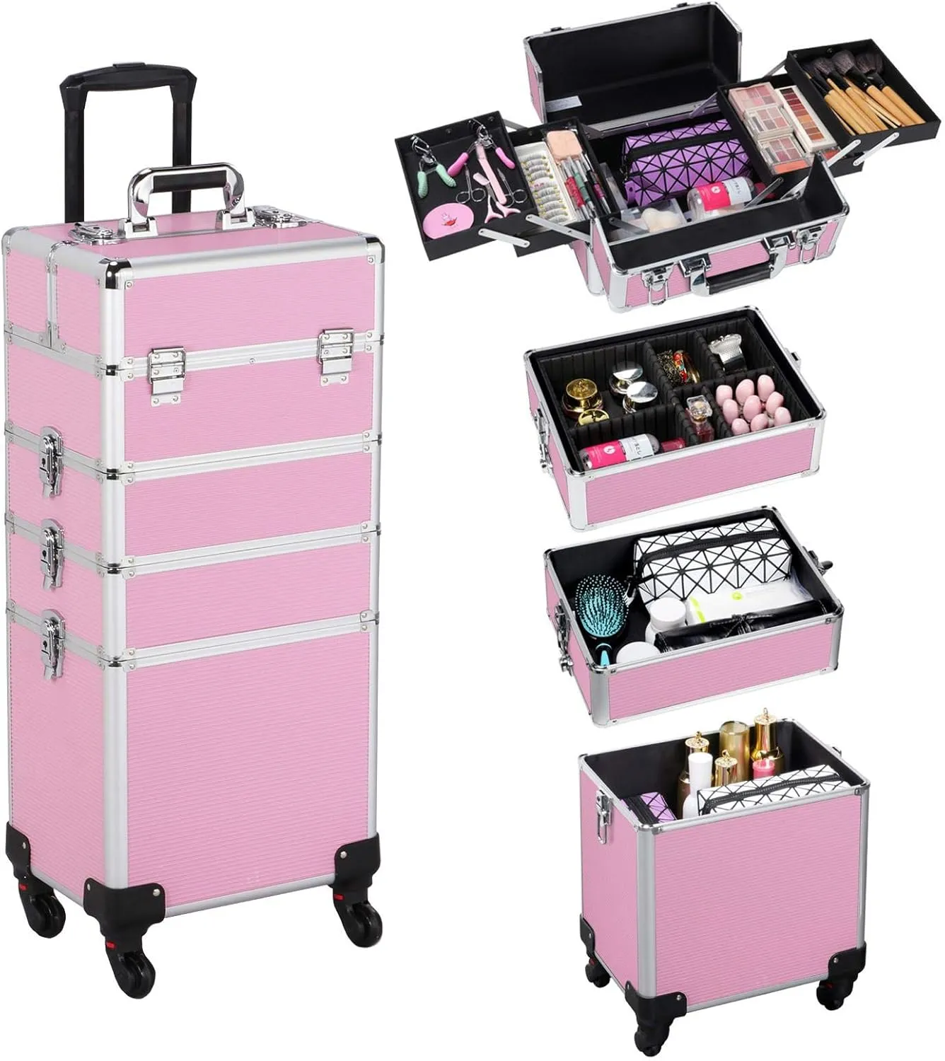 Topeakmart 4 in 1 Professional Makeup Rolling Case, Large Aluminum Cosmetic Train Case, Makeup Tavel Case Travel Beauty Organizer - Pink - with Removeable Wheels