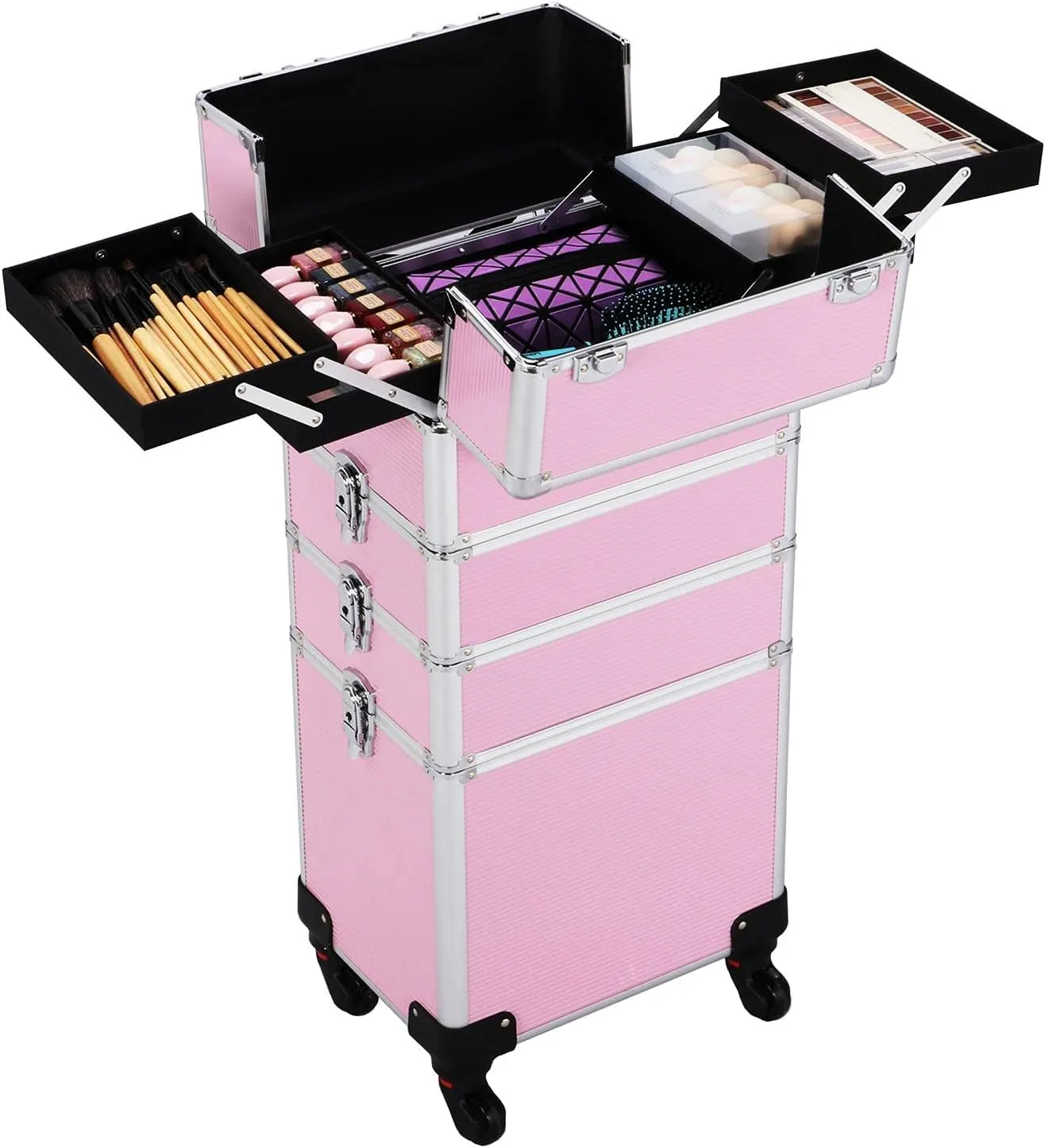 Topeakmart 4 in 1 Professional Makeup Rolling Case, Large Aluminum Cosmetic Train Case, Makeup Tavel Case Travel Beauty Organizer - Pink - with Removeable Wheels