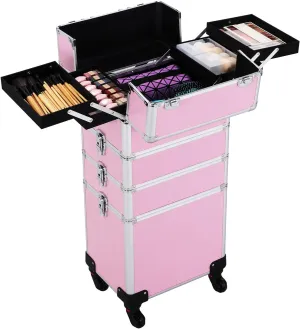 Topeakmart 4 in 1 Professional Makeup Rolling Case, Large Aluminum Cosmetic Train Case, Makeup Tavel Case Travel Beauty Organizer - Pink - with Removeable Wheels