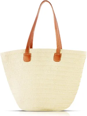 Tote Bag for Women, Beach Bag, Hand Straw Woven Bag, Large Capacity Basket bag Travel Bag for Vacation, Daily Matching, Summer Handbag (Beige)