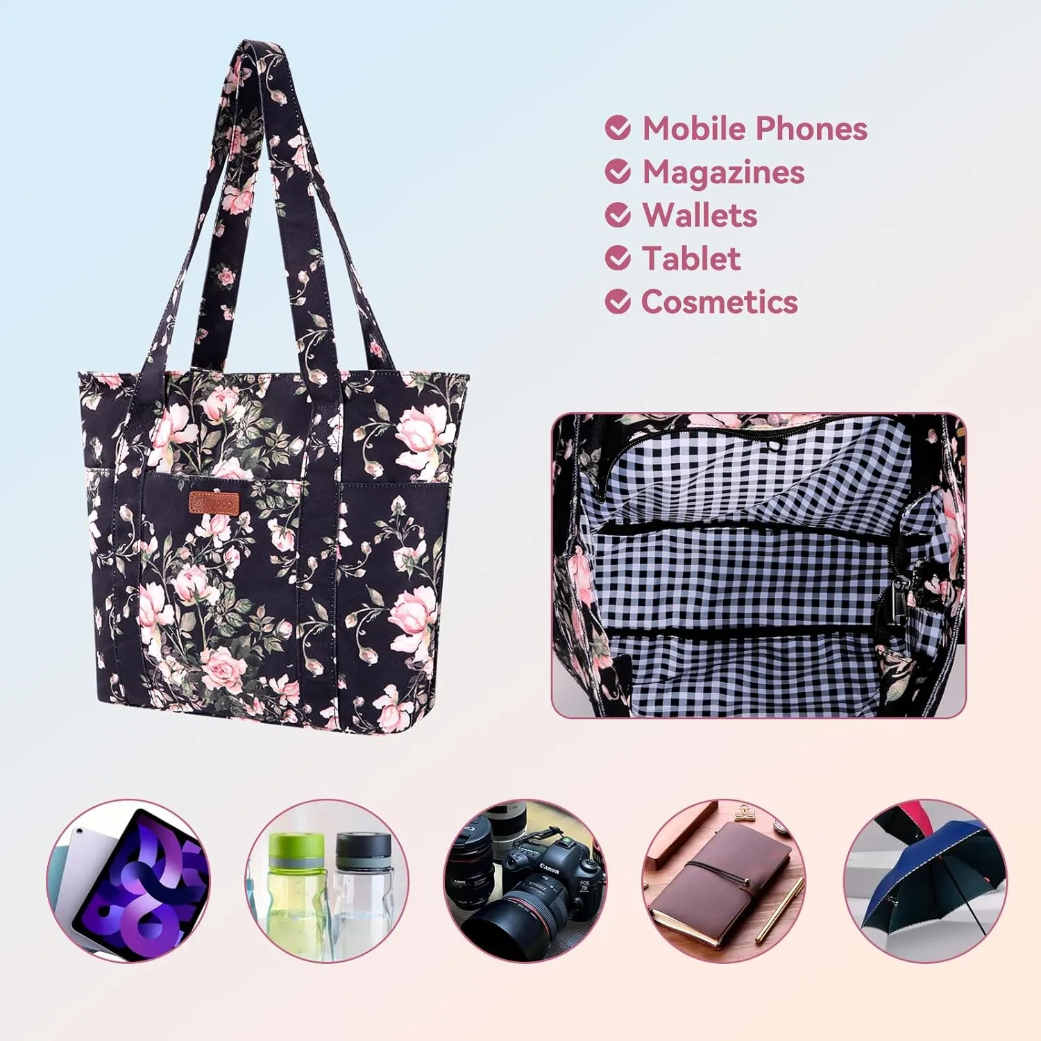 Tote Bag for Women, Canvas Large Tote Bag with Zipper Lightweight Shoulder Bag Top Handle Handbag for Travel Work