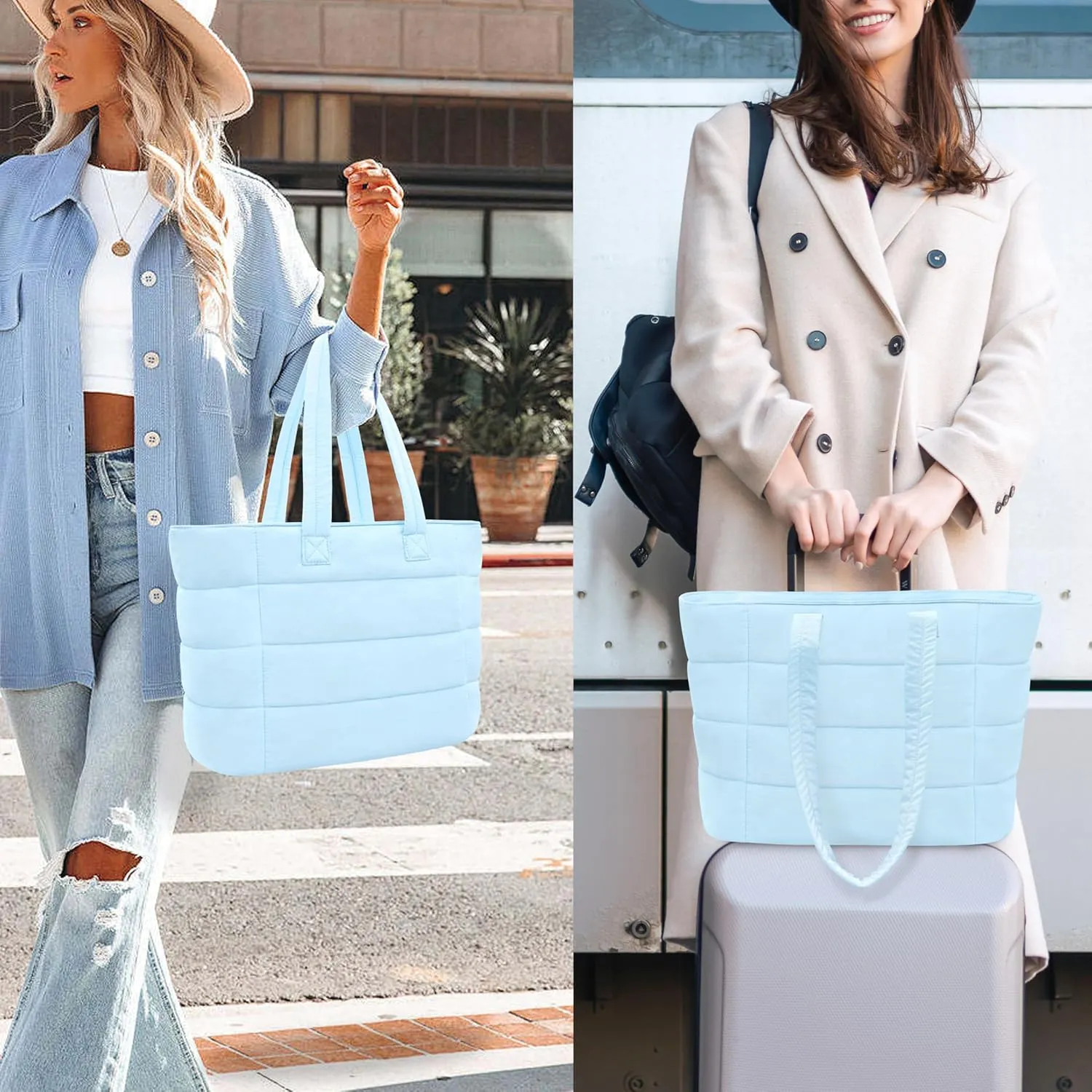 Tote Bag for Women, Lightweight Puffy Foldable Tote Bag With Zipper,Quilted Shoulder Bag for Travel,College,Work