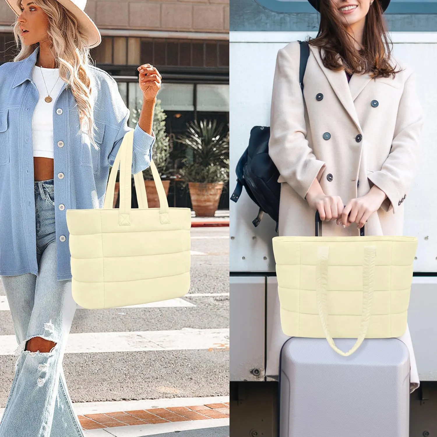 Tote Bag for Women, Lightweight Puffy Foldable Tote Bag With Zipper,Quilted Shoulder Bag for Travel,College,Work