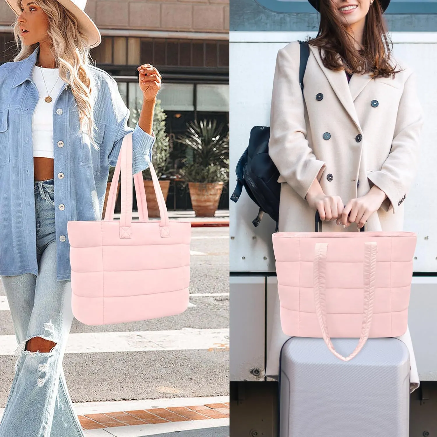 Tote Bag for Women, Lightweight Puffy Foldable Tote Bag With Zipper,Quilted Shoulder Bag for Travel,College,Work