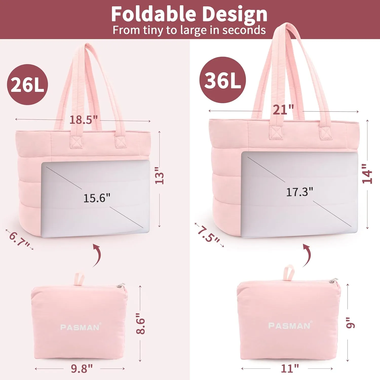 Tote Bag for Women, Lightweight Puffy Foldable Tote Bag With Zipper,Quilted Shoulder Bag for Travel,College,Work