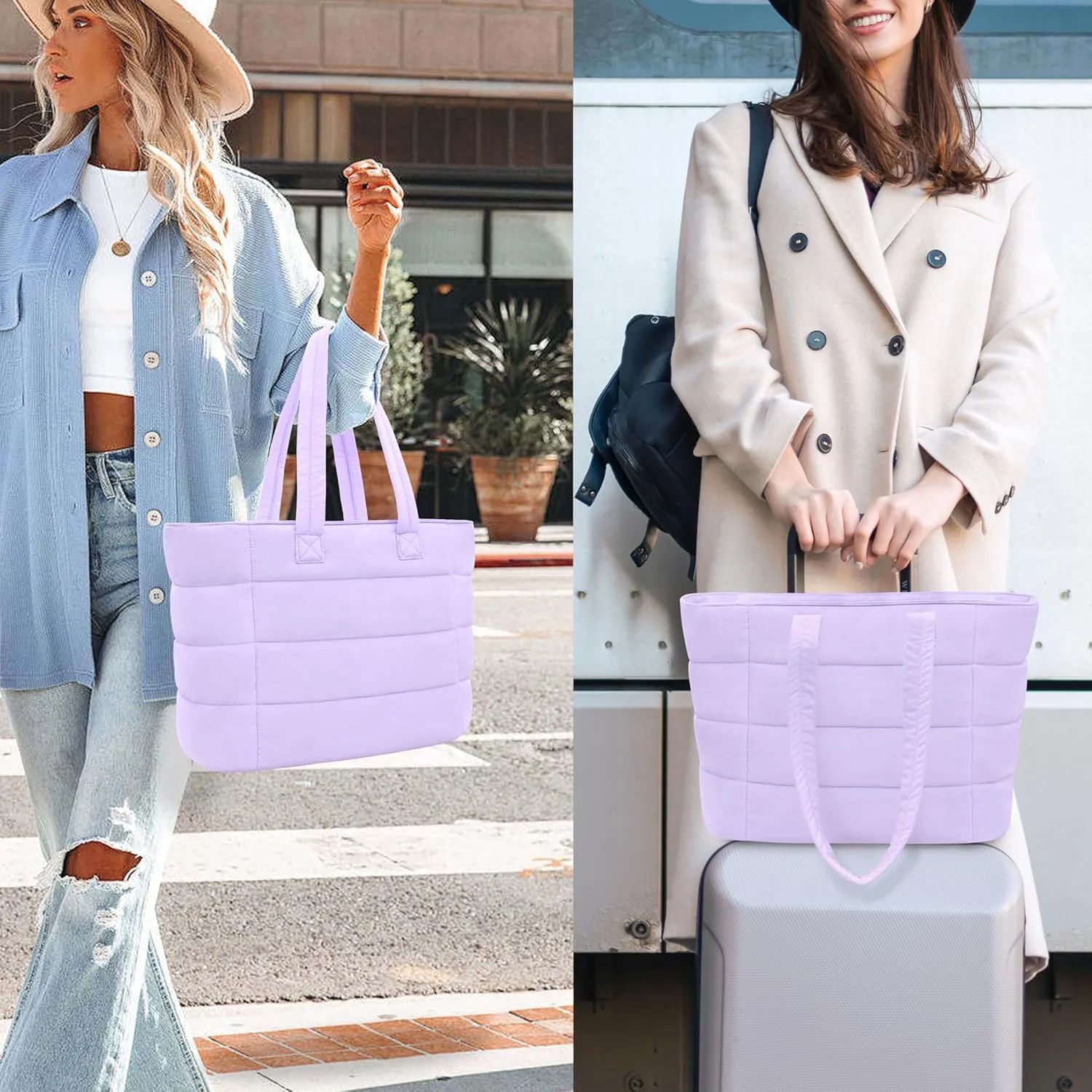 Tote Bag for Women, Lightweight Puffy Foldable Tote Bag With Zipper,Quilted Shoulder Bag for Travel,College,Work