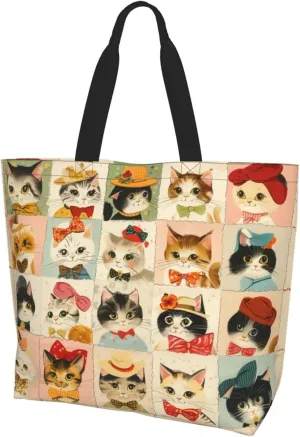 Tote Bag For women Zipper Large Beach Tote Bag Cute Cat Tote Bag Reusable Travel Work Shopping Tote Bag Purse