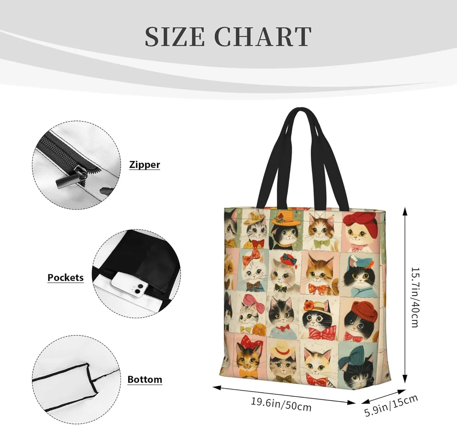 Tote Bag For women Zipper Large Beach Tote Bag Cute Cat Tote Bag Reusable Travel Work Shopping Tote Bag Purse